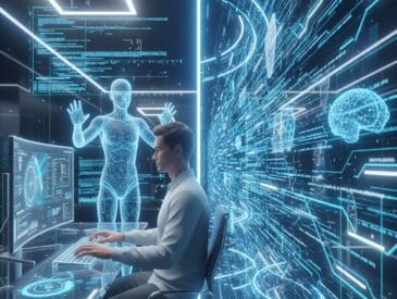 A modern tech illustration showing a programmer collaborating with an AI assistant through a holographic interface.