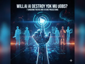 Will AI destroy jobs? A futuristic visualization showing digital silhouettes of workers being replaced by a robotic hand in a high-tech city.