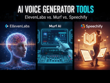 Comparison of ElevenLabs, Murf AI, and Speechify AI Voice Generator Tools. Shows emotional brain for ElevenLabs, a studio control panel for Murf, and a runner listening to an e-book for Speechify.