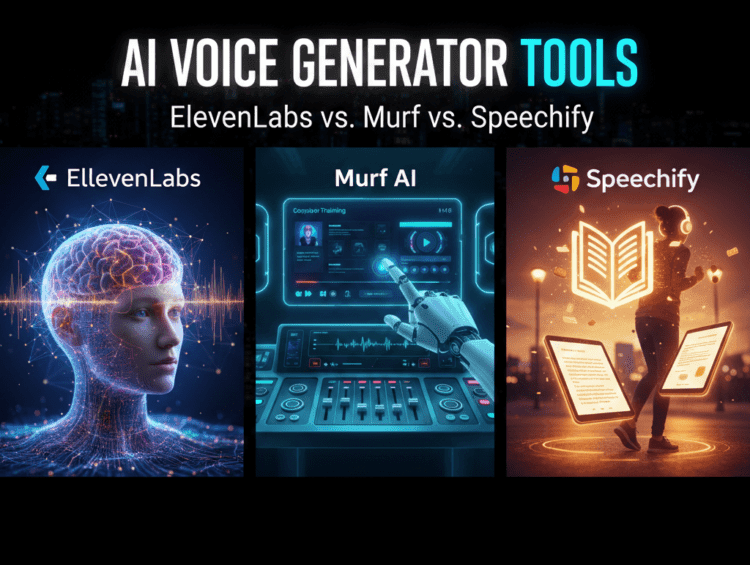 Comparison of ElevenLabs, Murf AI, and Speechify AI Voice Generator Tools. Shows emotional brain for ElevenLabs, a studio control panel for Murf, and a runner listening to an e-book for Speechify.