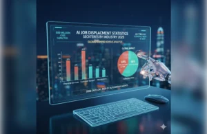 AI Job Displacement Statistics by Industry 2025: A Global Comprehensive Analysis 2 A high-tech digital dashboard showing AI job displacement statistics by industry 2025 with data charts and futuristic office background.