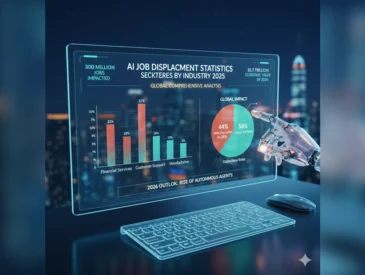 A high-tech digital dashboard showing AI job displacement statistics by industry 2025 with data charts and futuristic office background.