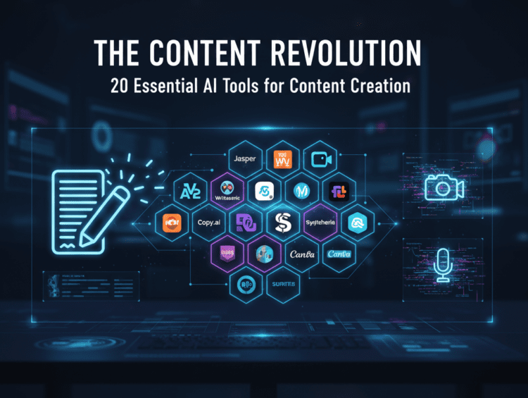 AI Tools for Content Creation visualized as a digital brain and data streams connecting different creative mediums (text, visuals, video) in a modern workspace