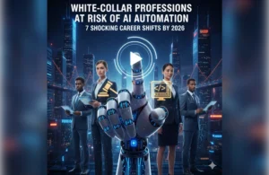 White-collar professions at risk of AI automation represented by realistic professionals in a futuristic office environment being integrated with artificial intelligence.