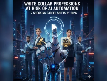 White-collar professions at risk of AI automation represented by realistic professionals in a futuristic office environment being integrated with artificial intelligence.