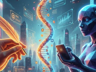 AI Content Marketing Strategy: Futuristic visual depicting the synergy between human creativity (represented by a hand holding a quill) and artificial intelligence (represented by a robotic figure managing digital data and a DNA helix) in a futuristic digital city.
