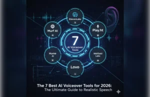 A professional infographic displaying the best AI voiceover tools for 2026, featuring ElevenLabs, Murf AI, and Play.ht with performance benchmarks