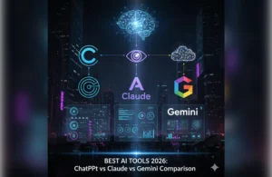 A futuristic comparison of AI tools 2026 showing ChatGPT-5, Claude 4, and Gemini 3 logos with data visualizations on a high-tech digital interface.