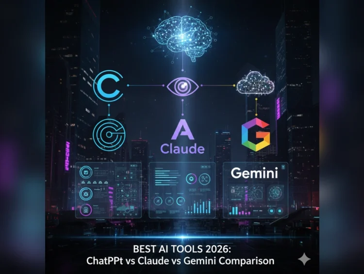 A futuristic comparison of AI tools 2026 showing ChatGPT-5, Claude 4, and Gemini 3 logos with data visualizations on a high-tech digital interface.