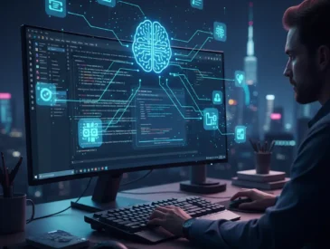 A visual representation of a developer working in 2026, seamlessly integrating AI Coding Tools 2026 into the VSCode environment to enhance speed and code quality.