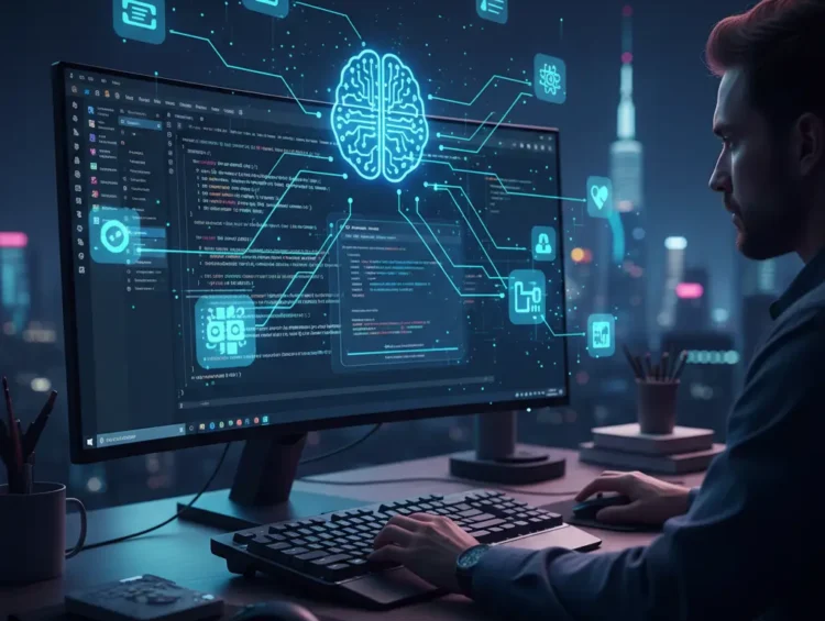 A visual representation of a developer working in 2026, seamlessly integrating AI Coding Tools 2026 into the VSCode environment to enhance speed and code quality.