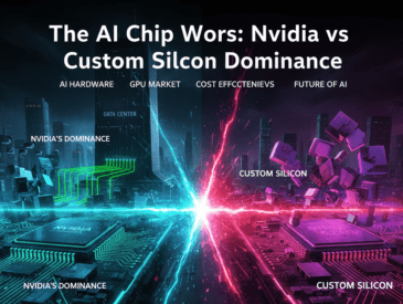 Illustration depicting the AI Chip Wars, showing a dynamic conflict between Nvidia GPUs (representing dominance) and various specialized Custom Silicon processors (ASICs/TPUs), highlighting the shift towards diverse AI hardware.
