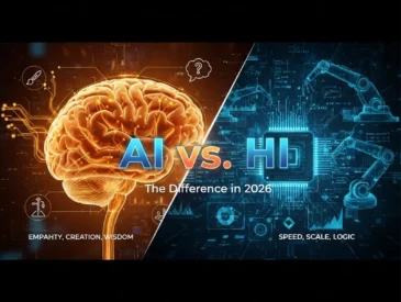 Detailed 2026 analysis of AI (Artificial Intelligence) vs. HI (Human Intelligence) showing the fundamental differences in speed, creativity, and ethical judgment.