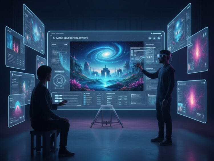 Futuristic interface and prompt engineering process for the art of AI image generation.