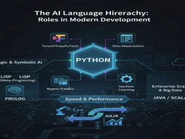 Diagram showing the hierarchy of Artificial Intelligence Coding Languages: Python central to the ecosystem with TensorFlow and PyTorch, C++ and Julia for speed, and Prolog/Lisp for logical AI.
