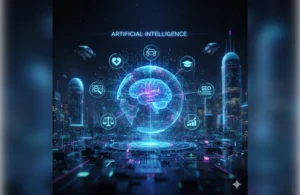 Futuristic visual showing the interaction between artificial intelligence and the human brain.