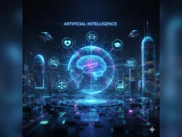 Futuristic visual showing the interaction between artificial intelligence and the human brain.