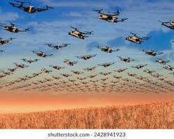 military drone swarm flying in formation realistic photo